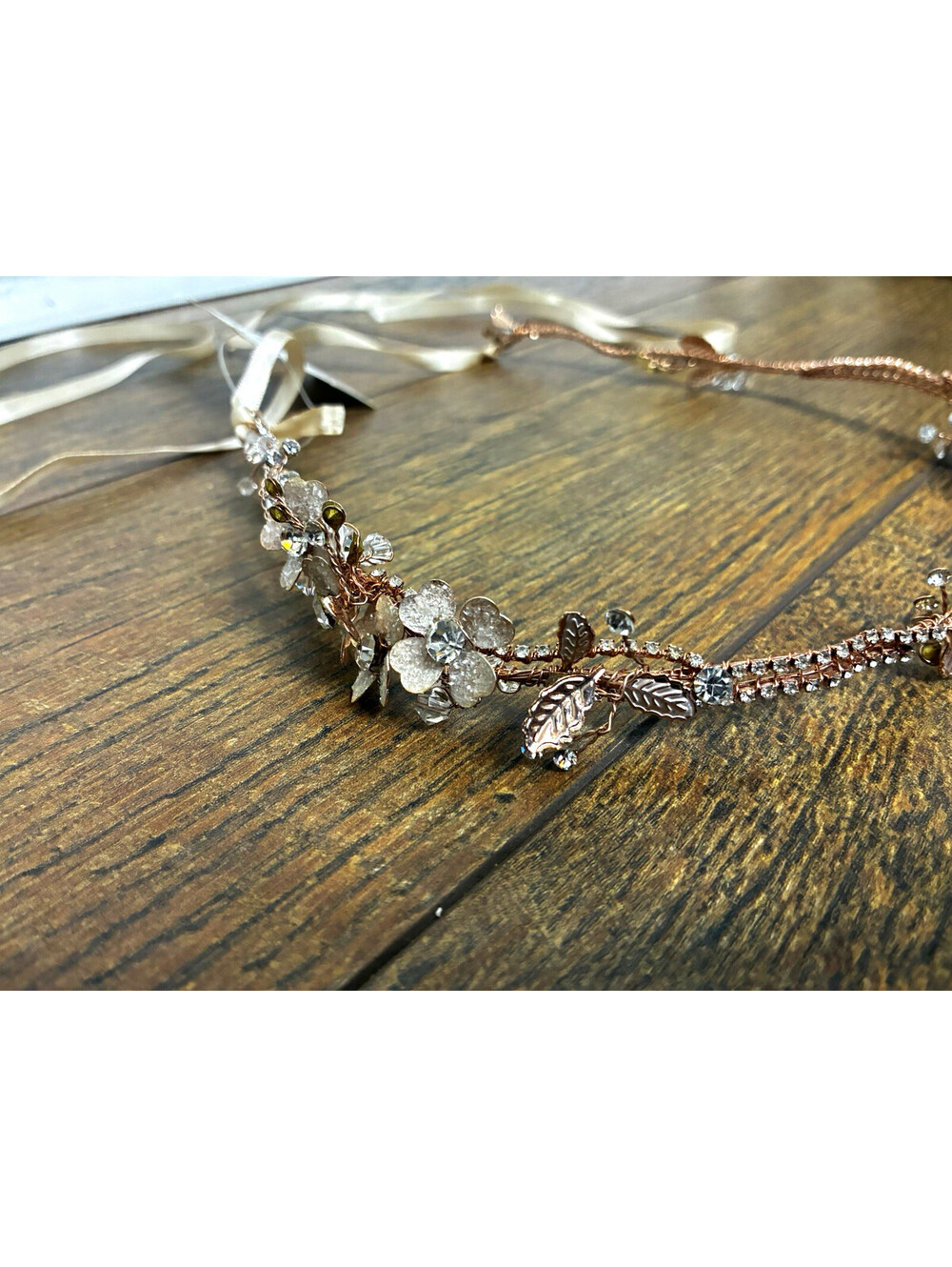 Bel Aire Bridal 6990 Rose Gold Crystal Leaf Bridal Headband Ribbon-Tie